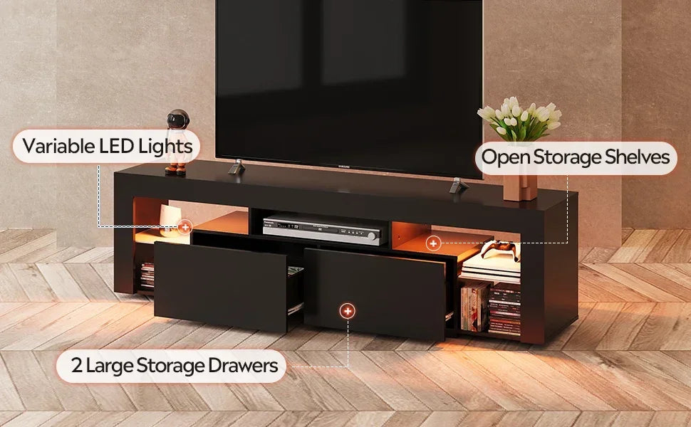 63 in TV Stand for 55/60/65/70 Inch TVs, Modern Entertainment Center with Open Shelves, Wood TV Console with 2 Storage Dra