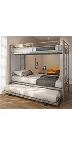 Twin Over Twin Metal Bunk Bed with Trundle Heavy Duty Bunk Beds Frame with 2 Side Ladders Convertible Bunkbed with Safe