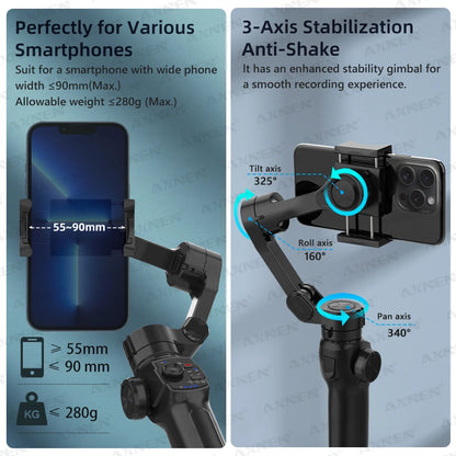 3-Axis Gimbal Stabilizer for Smartphone, Built-In Extension Rod,Portable and Foldable, for iPhone Android Phone Vlog Live Video