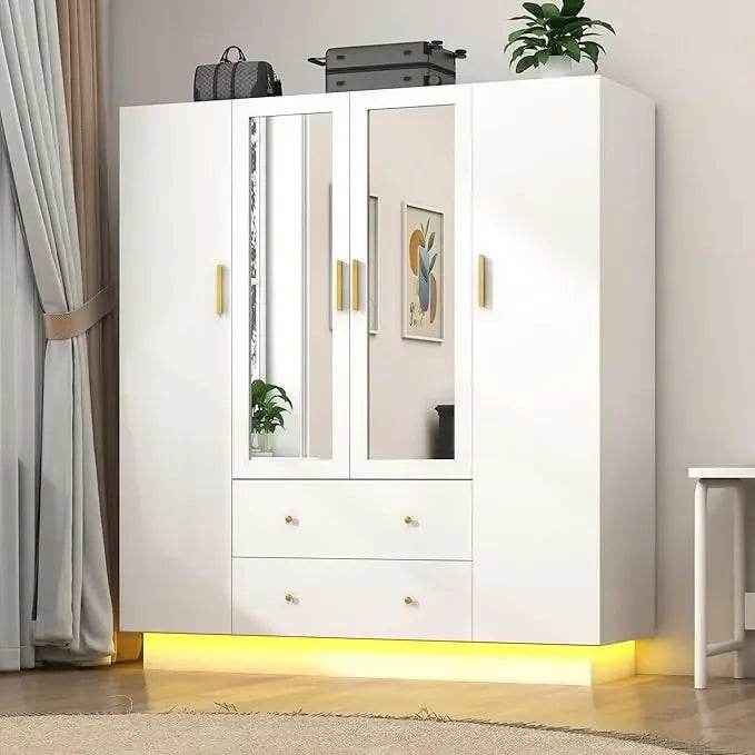 Wardrobe Closet with Mirrors and LED Lights, Bedroom Armoire with Drawers and Shelves, Modern Wooden Armoire Wardrobe - MarvelouStoree