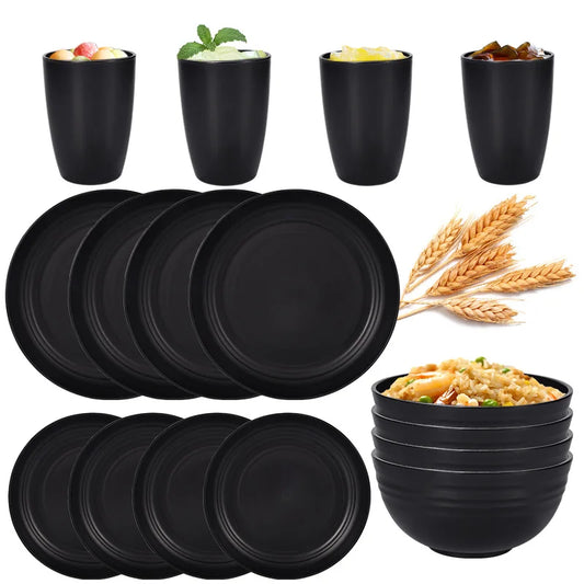 4pcs/16pcs Black pp cutlery set Plate Spitting dish bowl cup cutlery outdoor camping party