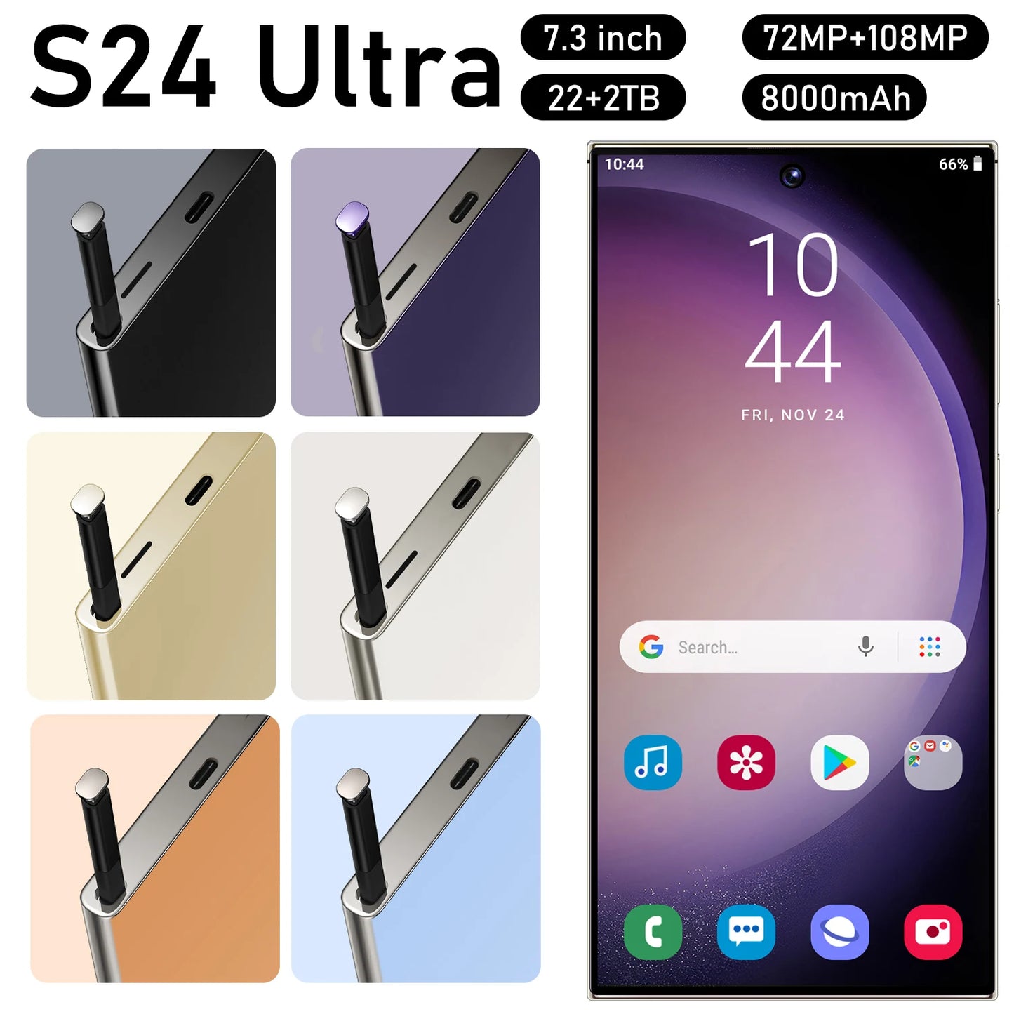 S24 Ultra Smartphone 5G Original 7.3 Inch HD Screen Dual Sim 8000mAh Battery 108MP Camera Android Global Version CellPhones Case