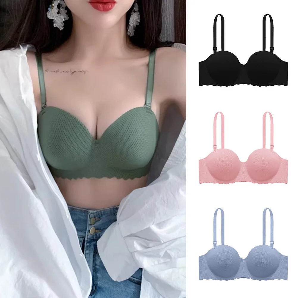 Female Gather Removable Shoulder Strap Solid Color Wireless Lingerie One-pieces Sexy Bras Push Up Seamless Underwear for Women - MarvelouStoree