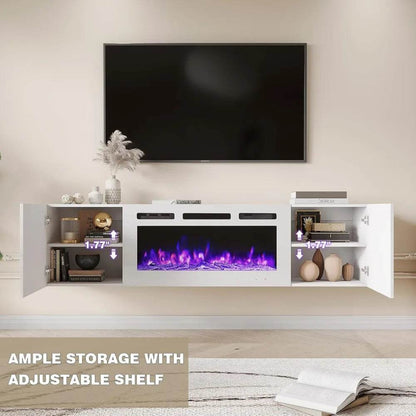 Floating TV Stand with 36'' Electric Fireplace, High Gloss Finish Entertainment Center with 12 Flame Fireplace Insert Heater - MarvelouStoree