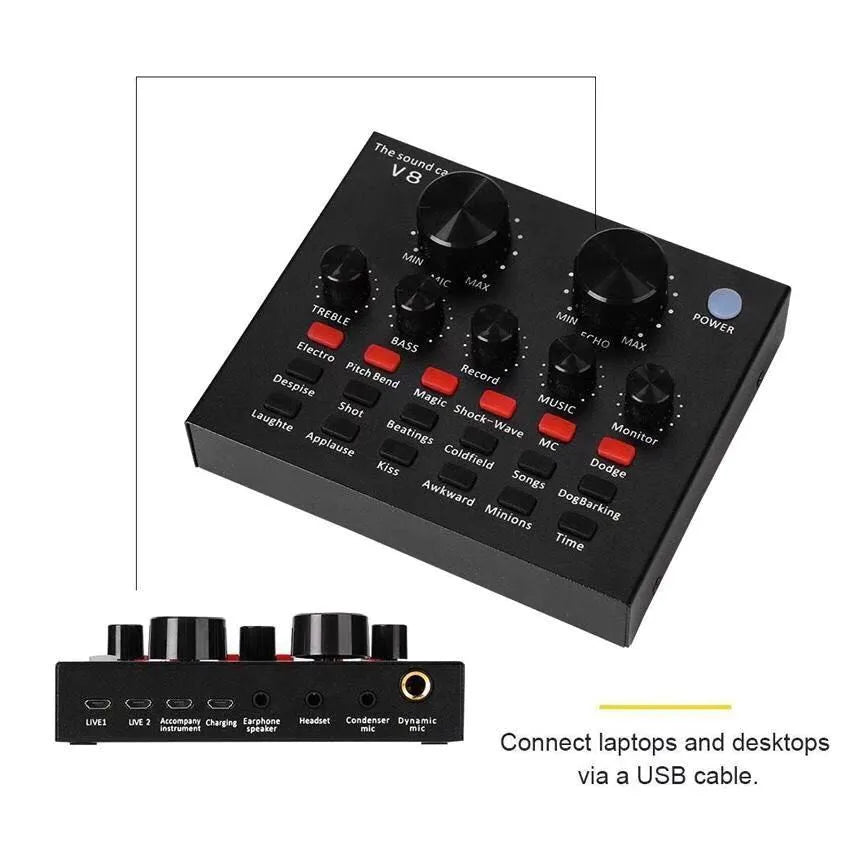 V8 Sound Card Audio Interface External USB Live Broadcast Microphone Sound Card for PC,Mobile,Record