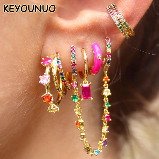 KEYOUNUO Gold Filled Stud Earrings Set For Women Ear Cuffs Colorful Zircon Dangle Hoop Earrings Fashion Party Jewelry Wholesale