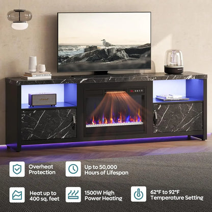 70 Inch Fireplace TV Stand for 75 TVs Modern Entertainment Center with LED Lights Storage Cabinets and Adjustable Shelves