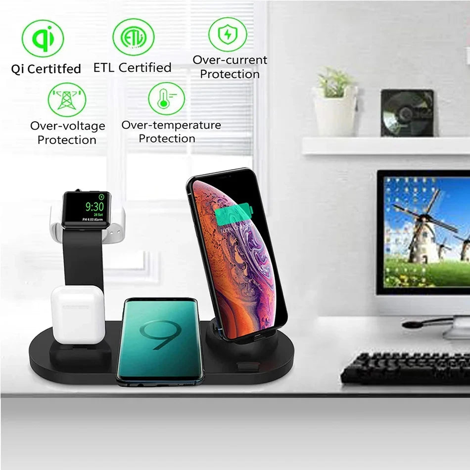 All In 1 Wireless Charger Stand For iPhone 15 14 13 12 11 X Apple Watch Airpods Desk Phone Chargers Fast Charging Dock Station