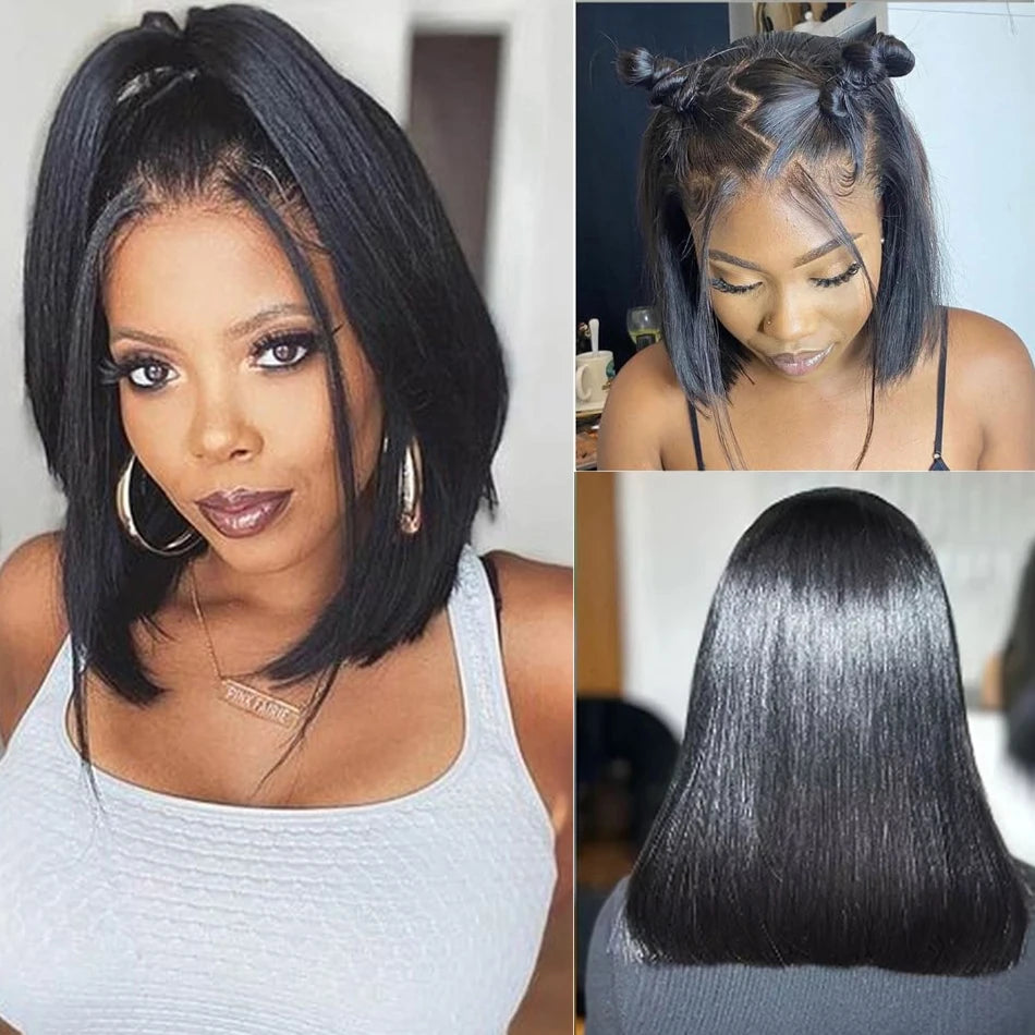 14Inch Wear And Go Glueless Wigs Short Straight Human Hair Bob Straight PreCut Lace Frontal Wigs Upgraded No Glue Wigs For Women