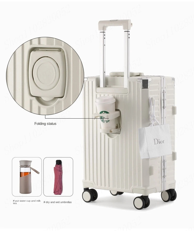 High Quality Suitcase Front Opening Luggage USB Phone Stand Aluminum Frame Rolling Trolley 20"26" Carry-on Suitcases Travel Bags