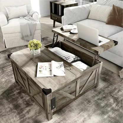 Lift Top Coffee Table with Storage, Wood Square Center Table with Charging Station&USB Ports,Living Room Central Table