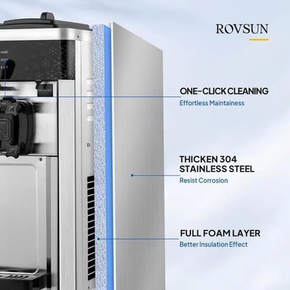 Commercial ice cream machine with 5.3 to 7.4gallons per hour,equipped with 2X1.6gallon hoppers and 3 flavors of LCD touch screen