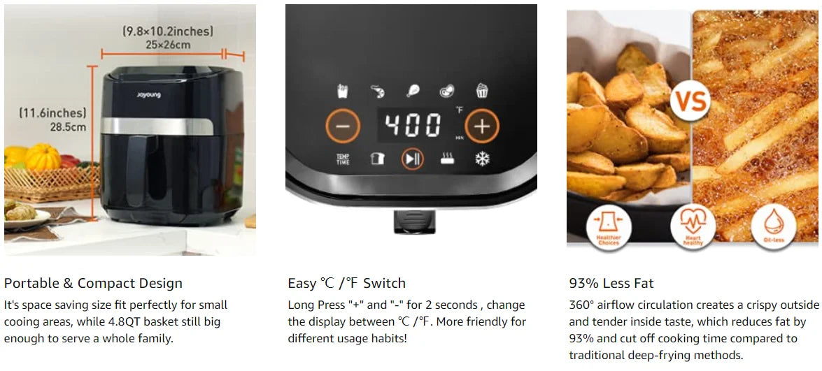 JOYOUNG Air Fryer with Digital LED Touch Screen,8 Automatic Programmes,Air Fryer 4.5 L,Oilless Cooker Preheating and Keeping War