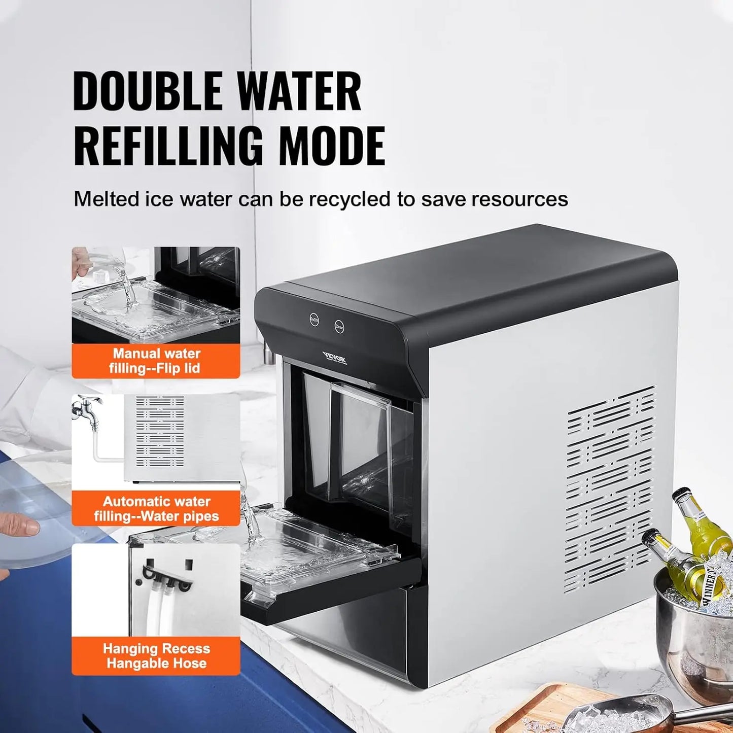 Countertop Nugget Ice Maker, 37lbs in 24Hrs, 2 Way Water Refill Self Cleaning Nugget Ice Maker with Scoop and Basket for Home