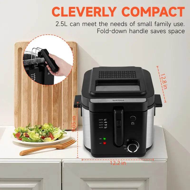 SUSTEAS Deep Fryer with Basket, 1500W Electric Deep Fryers for Home Use with Temperature Control, Removable Lid and 2.5L/1.5L - MarvelouStoree