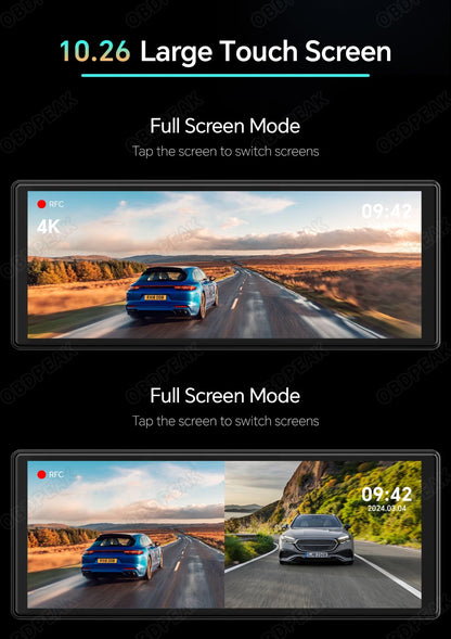 OBDPEAK k2 2.0 Dash Cam 10.26" 4K Car Dvr Camera Carplay & Android Auto GPS Navigation Rearview Mirror Dashboard Video Recorder