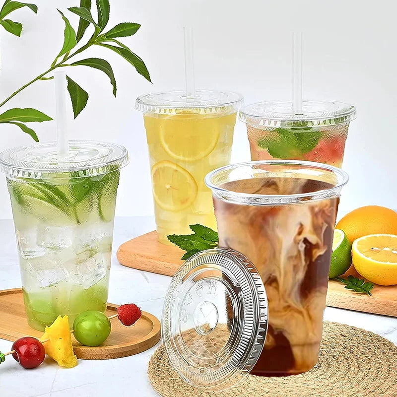 50PCS Transparent Milk Tea Cups with Lids Disposable Plastic Cups Fruit Juice Coffee Sand Ice Cream Beverage Containers