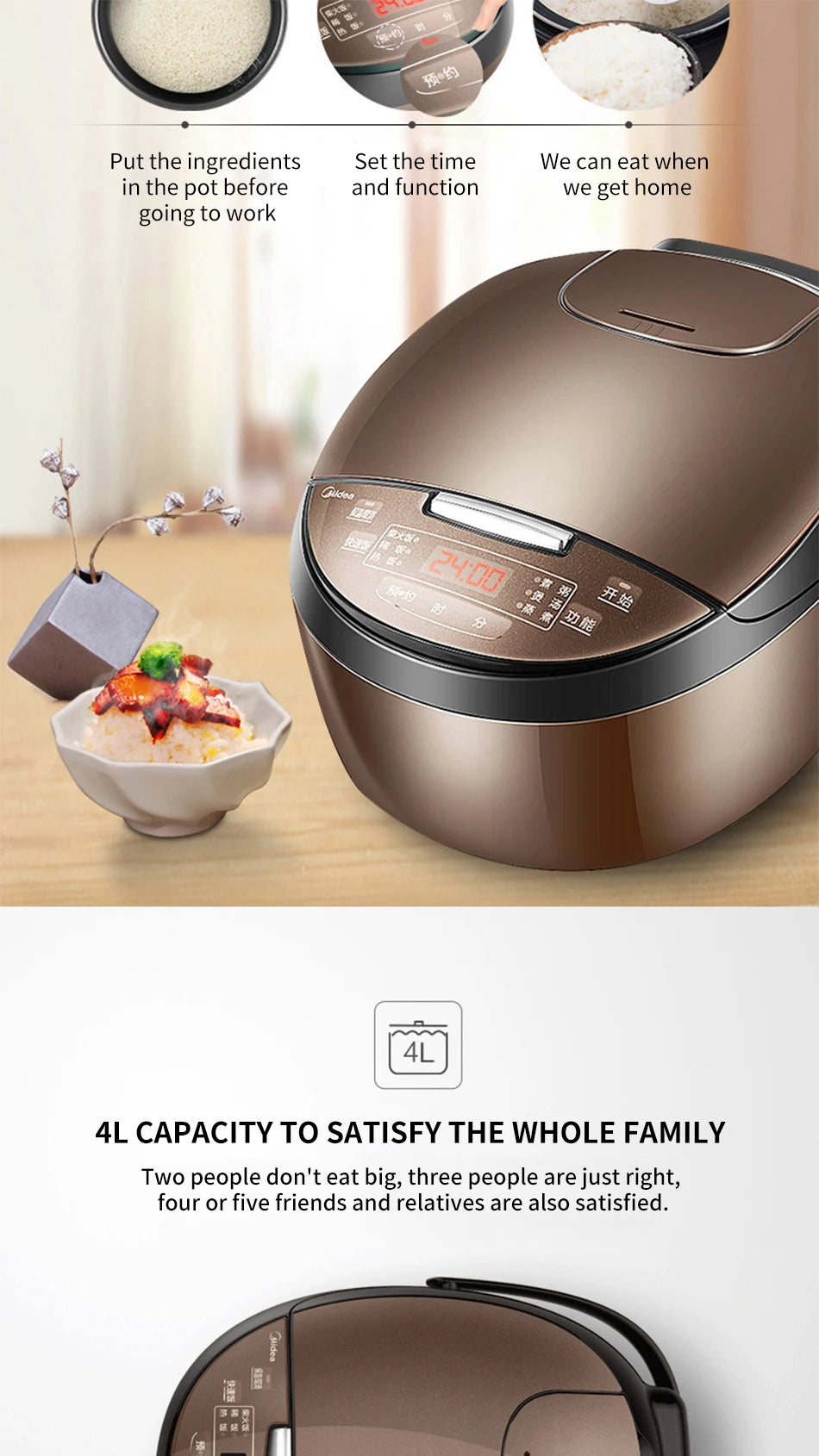 Midea rice cooker household 4L multifunctional mini rice cooker available for 2-4 people with intelligent appointment