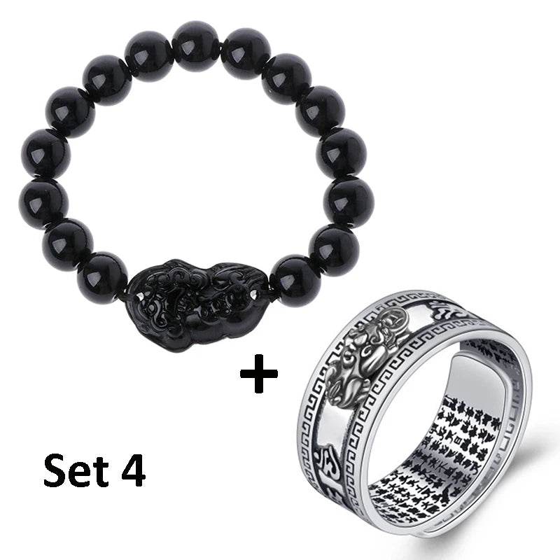 Unisex Men Pixiu Charms Ring Bracelet Chinese Feng Shui Amulet Wealth and Lucky Open Adjustable Ring Bead Bracelet - MarvelouStoree