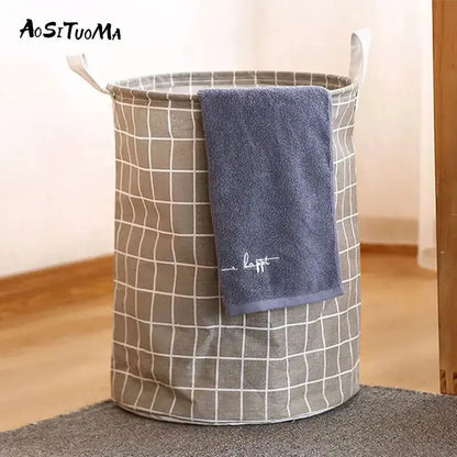 Household Dirty Clothes Basket Toy Storage Bucket Plaid Fabric Cotton Linen Dirty Clothes Basket Large Foldable Waterproof Stora