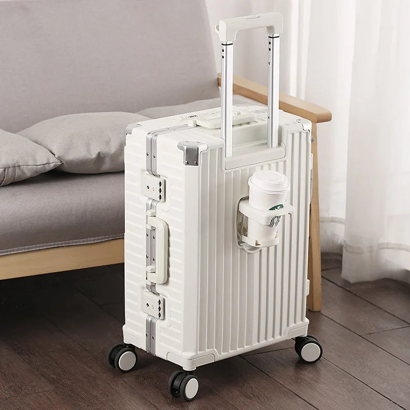 High Quality Suitcase Front Opening Luggage USB Phone Stand Aluminum Frame Rolling Trolley 20"26" Carry-on Suitcases Travel Bags