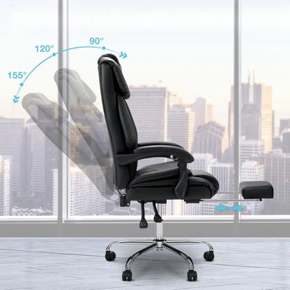 550lbs Reclining Office Chair with Footrest for Heavy People Soft Leather Computer Desk Chairs with High Back Armrest, Black