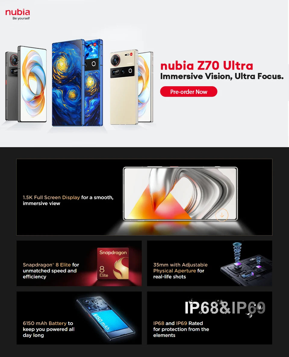 Global Version Nubia Z70 Ultra Snapdragon 8 Elite 6150mAh Full screen with Under Display Camera35mm 80w IP68&69