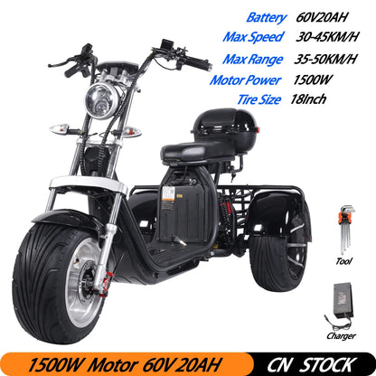 18Inch Fat Tire Electric Motorcycle Max Speed 40KM/H 1500W Powerful Motor Max Load 250KG Adult Citycoco Electric 3 Wheel Scooter