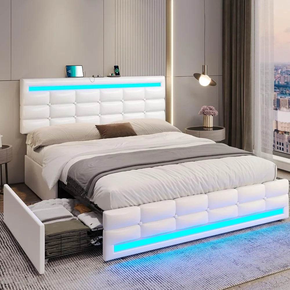 Queen bed frame with drawers, LED with charging station, with headboard and footboard, no spring mattress required, white - MarvelouStoree