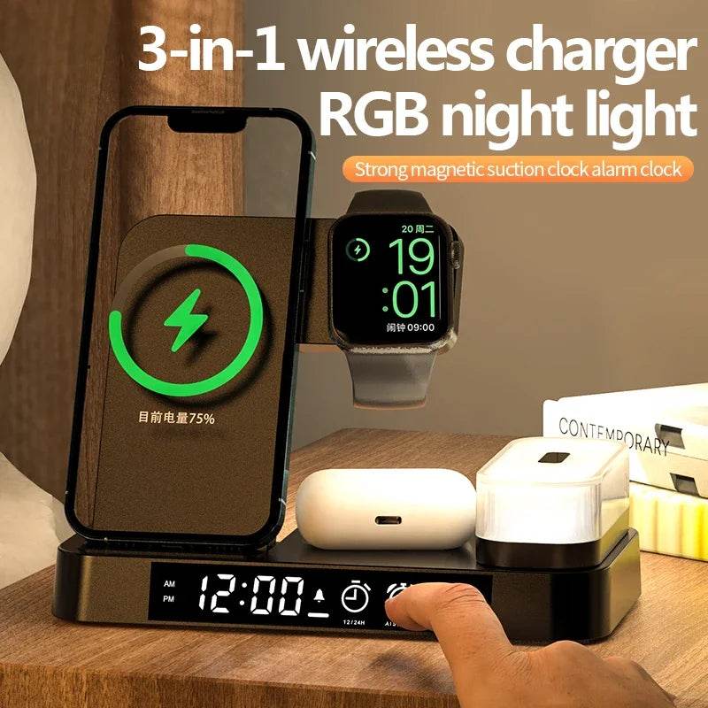 30W 3 In 1 Wireless Charger Stand Pad Alarm Clock Night Light Fast Charging Station Dock for iPhone Samsung Galaxy Watch IWatch - MarvelouStoree