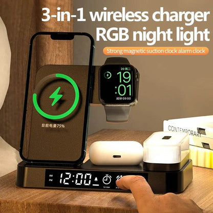 30W 3 In 1 Wireless Charger Stand Pad Alarm Clock Night Light Fast Charging Station Dock for iPhone Samsung Galaxy Watch IWatch - MarvelouStoree