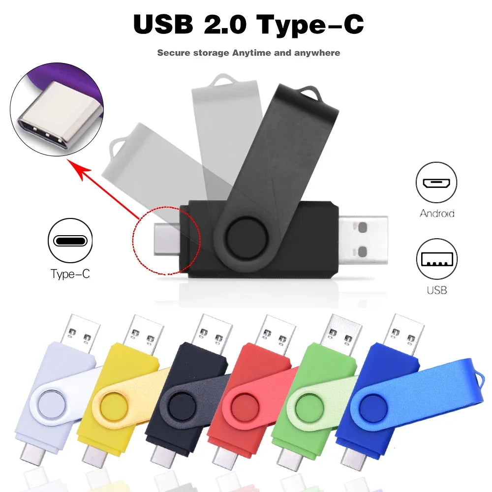 Rotable Usb Flash Drive 128GB 32GB 16GB Pen Drive 256GB Pendrive 64GB 4G OTG 2 IN 1 Memoria Usb Stick Type C Usb 2.0