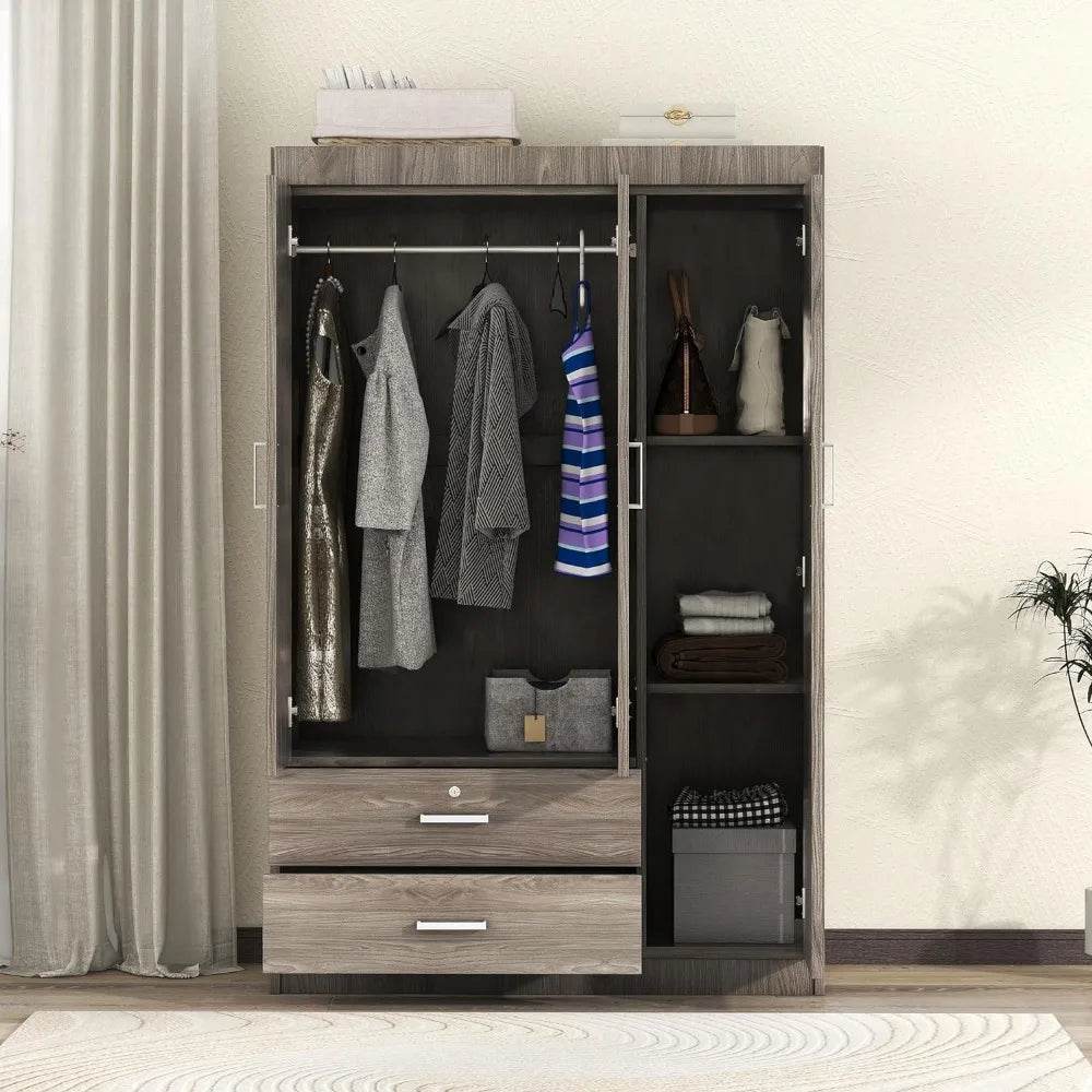 Freestanding Wardrobe Cabinet for Bedroom, 3 Doors Wooden Wardrobe Closet Cabinet with 2 Drawers， with Hanging Rod Shelf - MarvelouStoree