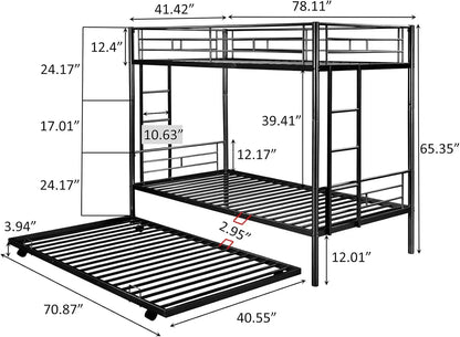 Twin Over Twin Metal Bunk Bed with Trundle Heavy Duty Bunk Beds Frame with 2 Side Ladders Convertible Bunkbed with Safe