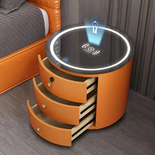 Round Bedside Table Nightstands Intelligent Audio Password Fingerprint Wireless Charging Wood Home Bedroom Chevet De Lit Meuble