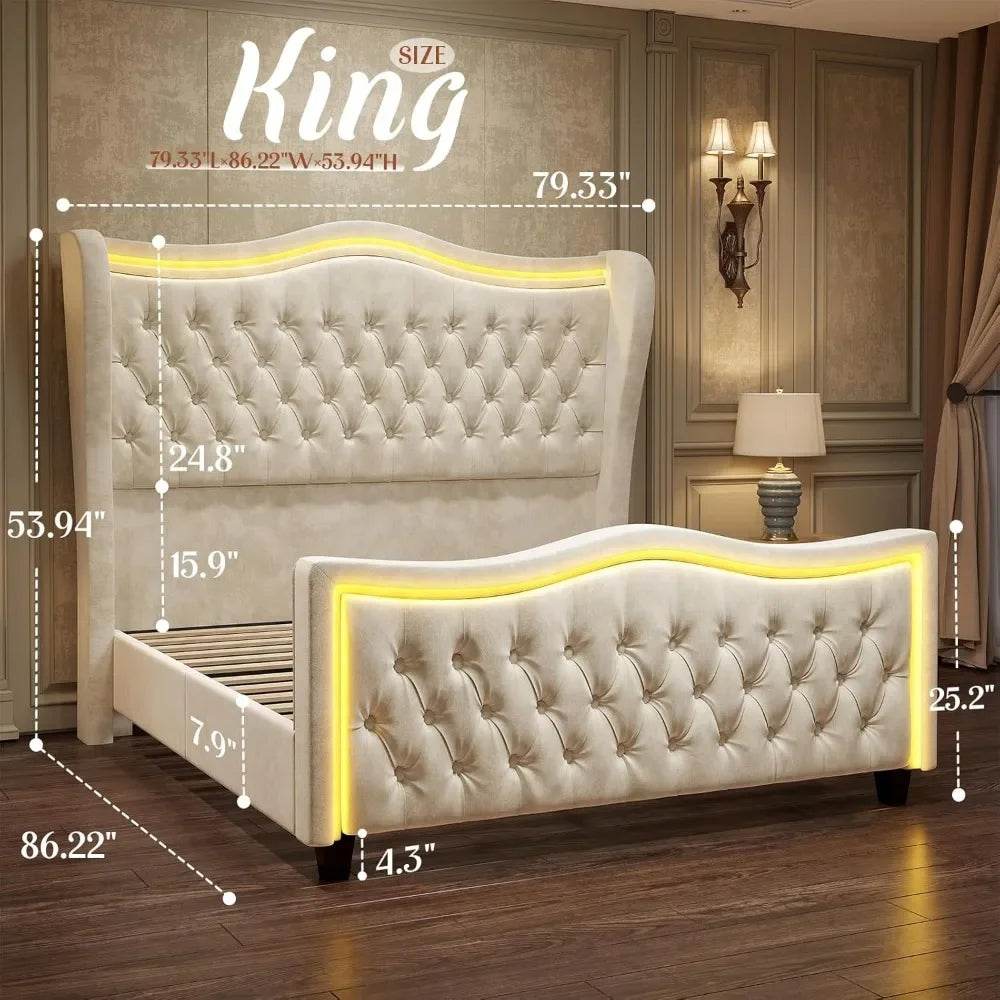 King Size Bed Frame with LED Lights, 53'' Upholstered Platform Wingback Bed with Handmade Deep Button Tufted Headboard Footboard - MarvelouStoree