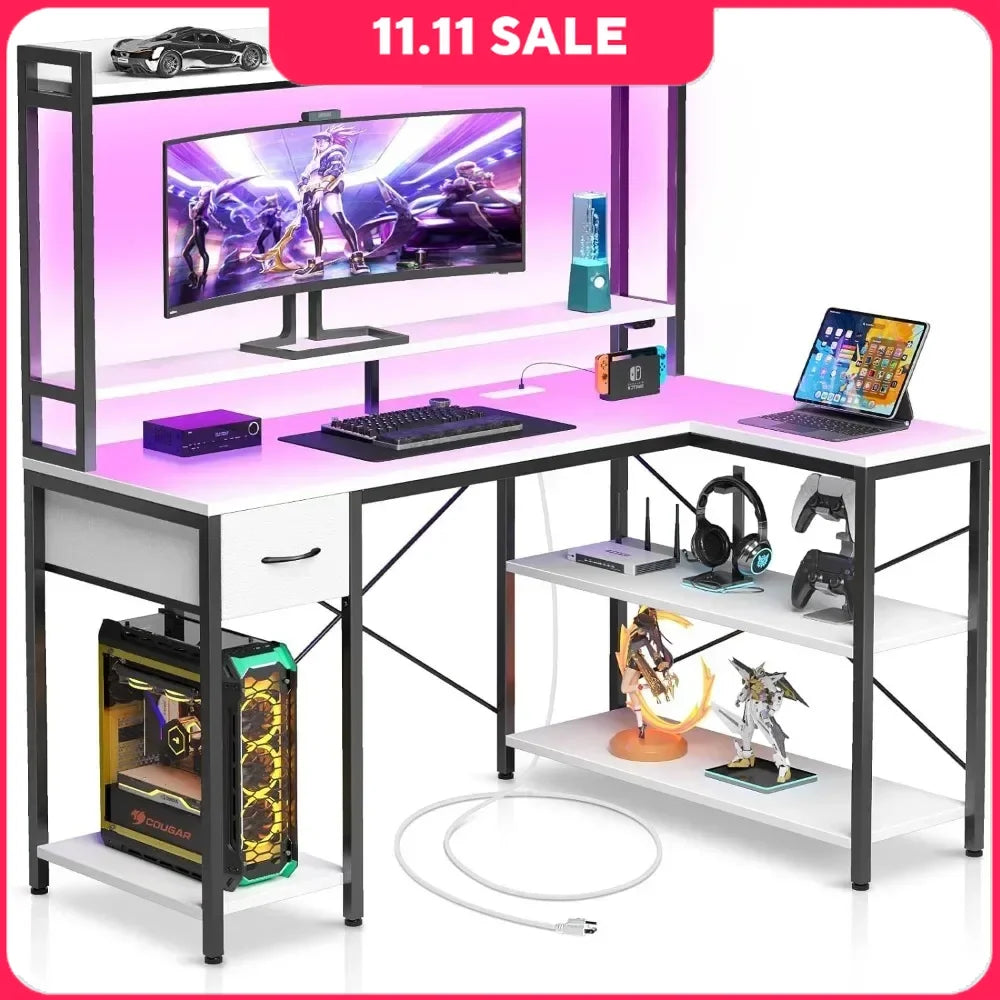 Gaming Desk with LED Light & Power Outlets, 47 Inch with Shelves, Reversible L Shaped, Monitor Stand, Computer Desk