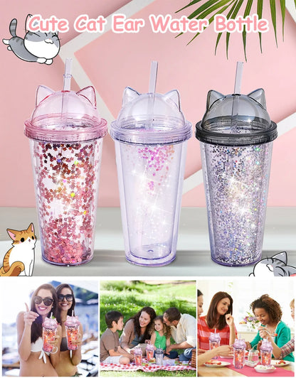 5PCS Flash Powder Water Bottles For Girl With Straw Reusable Hard Plastic Tumbler With lid Coffee Cup Drinkware Christmas Gift