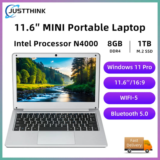 Justthink Cheap 11.6 Inch Intel Celeron N4000 Pocket Laptop 8GB RAM 128GB 256GB SSD Child Study Portable Ultraslim Mini Laptops