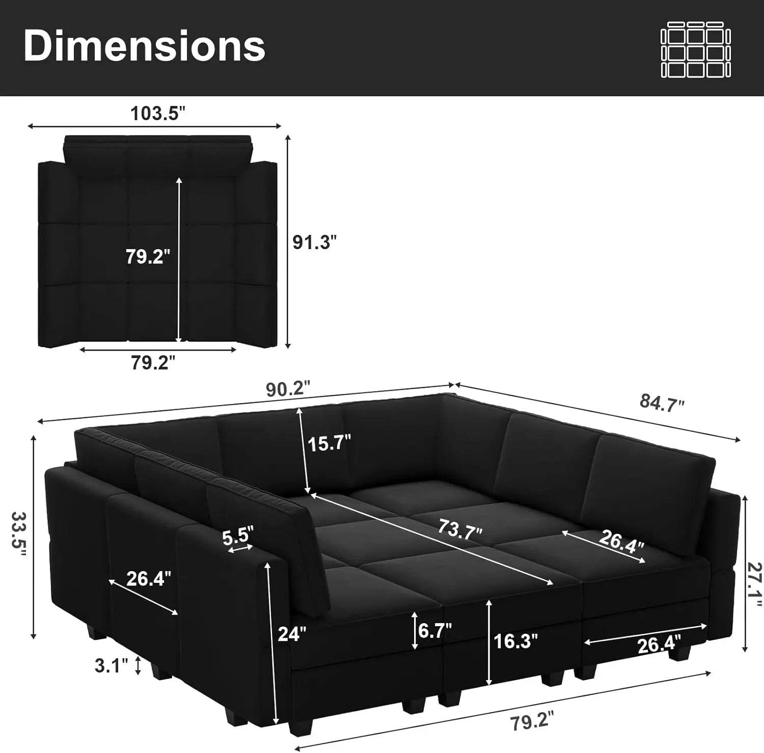 Modular Sectional Sofa with Ottomans Velvet Reversible Sleeper Chaise Bed Storage Seat Black Multi Function Modular Sofa - MarvelouStoree