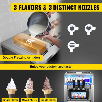 VEVOR Commercial  Ice Cream  freezer Machine 3-flavor Yogurt Maker  One-click Clean 18L/H LCD Display new soft ice cream machine