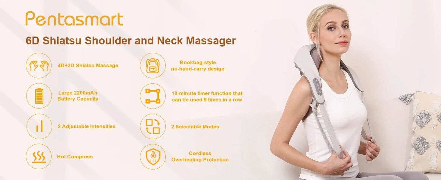 Wireless Neck and Back Massager Electric Neck Shoulder Massager, 6D Shiatsu Kneading Massage Shawl Cervical Trapezius Massager - MarvelouStoree