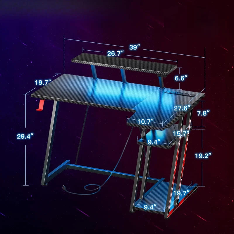 L Shaped Gaming Computer Desk with Storage Rack,Gaming Table with Monitor Stand,PC Gaming table,with Carbon Fiber Texture,Black