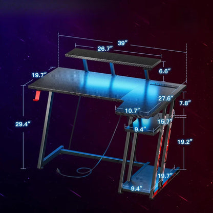 L Shaped Gaming Computer Desk with Storage Rack,Gaming Table with Monitor Stand,PC Gaming table,with Carbon Fiber Texture,Black