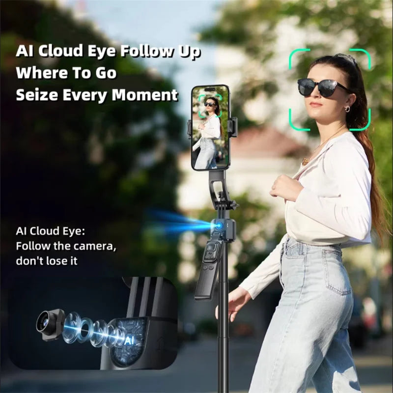 Selfie stick Tripod gimbal for Cell Phone 360°Auto-Rotation AI Tracking Stabilizer Shooting Quadrapod with Optional Fill Light