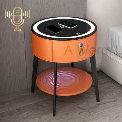 Round Tiny Table Bedside Table Voice-activated Smart Multifunction Lock Wireless Coffee Charging Nightstands Bedroom Cabinets