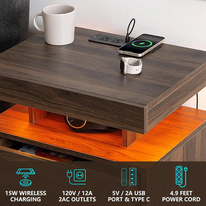 HOMMPA Set of 2 LED Nightstands with Wireless Charging Station Dark Walnut Bedside Table with Led Light Smart Nightstand USB Por