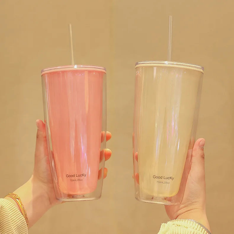 750ml Plastic Straw Cups Double-Layer with Straw Large Capacity Reusable Water Bottle for Drinking Coffee Mug Juice Milk Cup