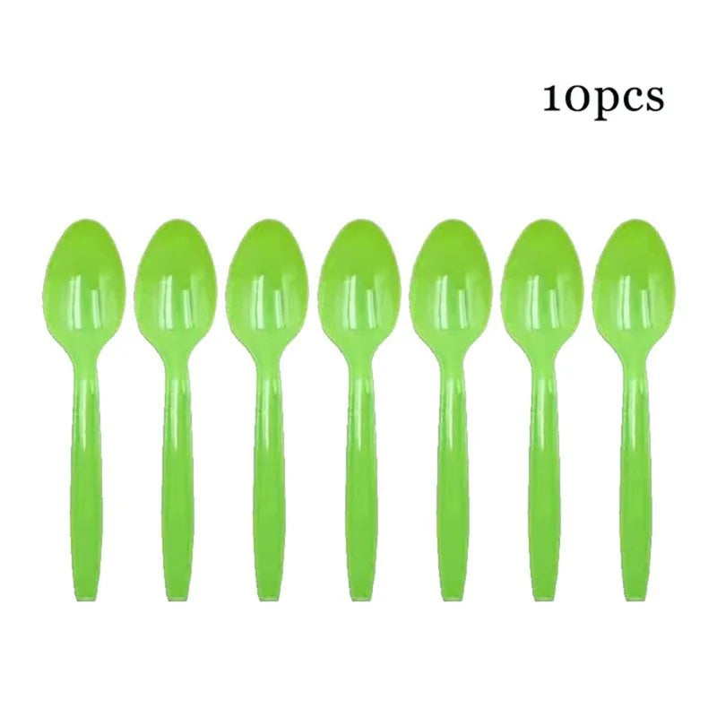 10pcs/Set green golden Pink Disposable Tableware Plastic Knife Fork Spoon Birthday Decor Kids Adults Wedding Party Supplies