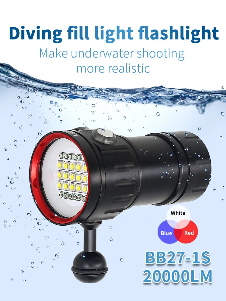 Professional Underwater 27 LED Photography Light Highlight Lamp 20000Lumens Diving Flashlight 100M Waterproof Video Camera torch